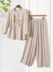 Rusticease 2 件套女士花卉刺绣度假休闲长袖上衣和裤子套装 - 杏色 - 查看 7