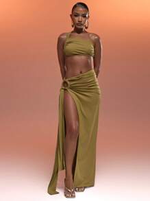 MUSERA 不对称单肩无袖上衣搭配镂空褶皱侧开衩长裙套装，夏季度假性感伊比沙岛风情，适合度假、优雅女神约会、冬春季穿着。 - 軍綠色 - 查看 4