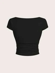 SHEIN BAE Set de 3 camisetas de manga corta con cuello en U y fruncido, de ajuste ceñido, versátiles para el verano, para mujeres - Multicolor - Ver 8