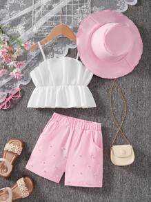Set casual de 2 piezas con parte superior de tirantes con volantes y shorts de unicolor para niñas jóvenes - Multicolor - Ver 1