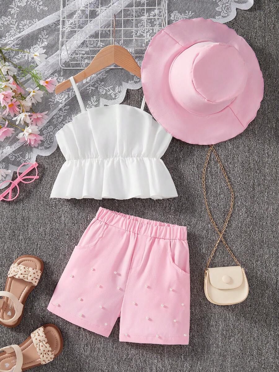 Set casual de 2 piezas con parte superior de tirantes con volantes y shorts de unicolor para niñas jóvenes - Multicolor - Ver 1