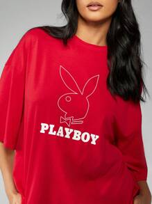 Missguided x Playboy Áo thun oversize họa tiết thương hiệu Giáng sinh - Đỏ - Xem 6