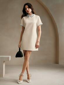 Anewsta Elegant Women's Pearl Embellished Collar Short Sleeve Dress - Apricot - View 5