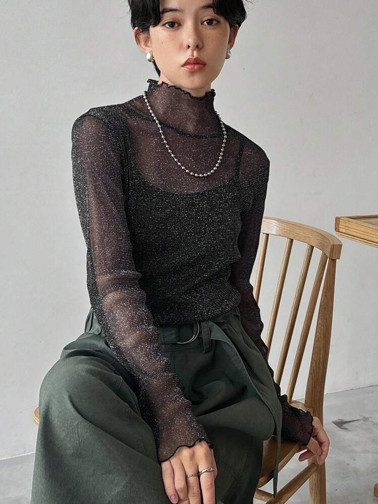 FRIFUL Women's Spring & Summer Ruffled Collar Long Sleeve Mesh See-Through Fitted Blouse Sheer,Back To School Clothes,Fall Women Clothes Stand Collar Women - Black - View 9