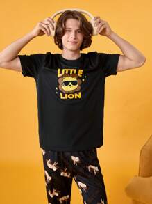 男式休闲时尚印花圆领短袖家居服上衣 - 黑色 - 查看 7