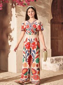 SHEIN Tween Girls' Comfortable Loose V-Neck Ruffled Sleeve Retro Pattern Jumpsuit, Casual & Simple - White - View 4