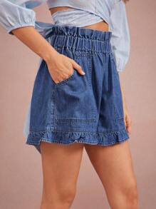 WESTFADE High Rise Smocked Waist Loose Fit Western Ruffle Denim Shorts Summer Beach Vacation