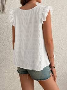 SHEIN 孕妇纯色纽扣 V 领荷叶边袖度假衬衫 - 白色 - 查看 2