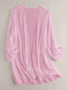 SHEIN Swim Women's Solid Color Open-Front Loose Kimono Coverup, For Vacation For Summer - Baby Pink - View 3