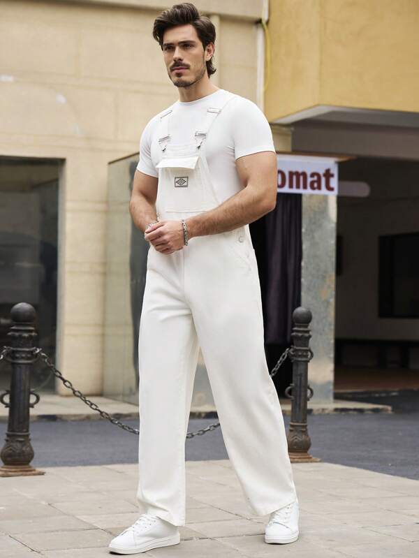 RivetRise Men's White Denim Overalls: Casual Long Sleeve Strap Neckline Jumpsuit With Pockets