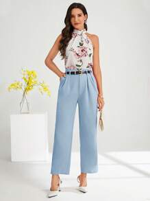SHEIN Clasi Quần âu nữ cạp cao màu trơn thời trang thường ngày/công sở mùa thu/đông - Màu xanh nhạt - Xem 6