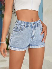 SHEIN Tall Women's Summer Casual Washed Rolled Hem Denim Shorts, Tall Women Vacation Light Blue - Blue - View 5