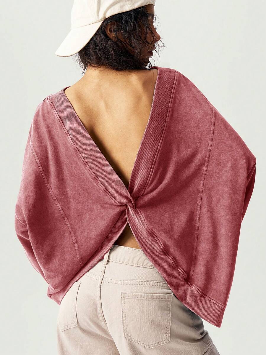 Bohemela BOHO Casual Plain Knit Twist Back Loose Long Sleeve Pullover Hoodie For Women Work Blouses For Women Open Back Top Open Back Shirt - Red - View 1