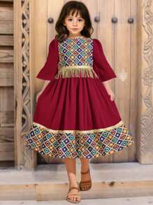 SHEIN Leap Crew Robe à manches courtes élégante et glamour de style rétro pour jeunes filles avec motif patchwork - Rouge foncé - Voir 6