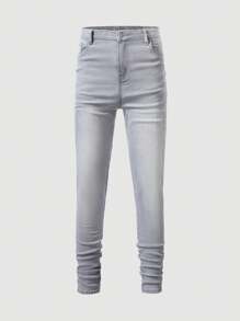 SHEIN Teen Boy Fashion Old Money Casual Light Gray Denim Stretch Skinny Teen Boy Jeans For Boy Soft Dailywear And Teen Boy Summer Clothes Rave Outfits - Grey - View 4