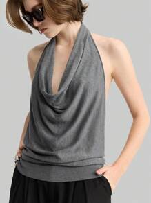 Ontre Women's Elegant Sexy Solid Color Halter Plunge Neck Backless Knit Top