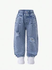 年轻男孩洗水浅蓝色牛仔裤，宽松直筒裤，做旧效果，时尚街头风格，休闲日常简约百搭，男孩牛仔裤 - 淺色水洗藍 - 查看 1