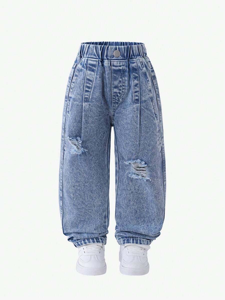 年轻男孩洗水浅蓝色牛仔裤，宽松直筒裤，做旧效果，时尚街头风格，休闲日常简约百搭，男孩牛仔裤 - 淺色水洗藍 - 查看 1
