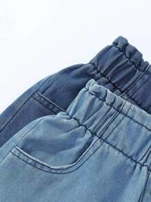 2pcs/Set Girls Casual Simple Versatile Loose Comfortable Denim Shorts, Light Blue & Medium Blue Washed With Ruffle Waistband, Summer 2025 New Arrivals, Suitable For Everyday Wear & Leisure Activities, School, Campus, College - Multicolor - View 5