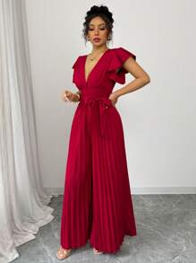 Elenzga Nuevo mono para mujer con cuello en V, mangas campana con volantes, pierna ancha fruncida, estilo ceñido y acampanado, para uso casual, viajes, fiestas, citas, elegante y de ajuste ceñido