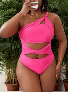 SHEIN Slayr CURVE Plus Size Women Sexy Solid One-Piece Hollow Design Twist Waist Swimsuit With High Waist Triangle Bottom, Perfect For Vacation - Pink - View 6