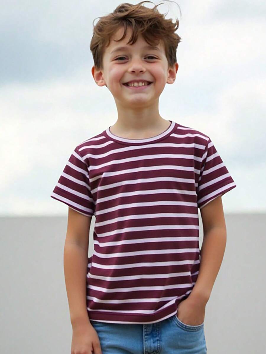 SHEIN Bộ 5 áo thun tay ngắn họa tiết sọc tương phản + màu trơn thường ngày cho bé trai, phù hợp mặc đi biển ngày lễ, mùa hè - Màu Đỏ Sâu - Xem 1