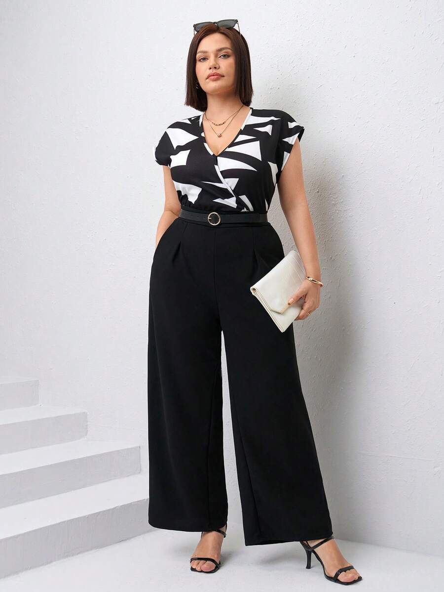 Chikora Plus Geo Print Batwing Sleeve Wide Leg Jumpsuit Without Belt,Office Outfits For Women - Black - View 1