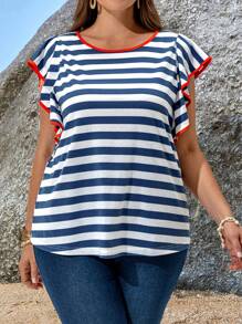 EMERY ROSE Plus Size Striped Short Sleeve T-Shirt, Minimalist & Fashionable, Suitable For Summer Tropical Vacation Woman Clothes Beach Ruffle - Multicolor - View 3