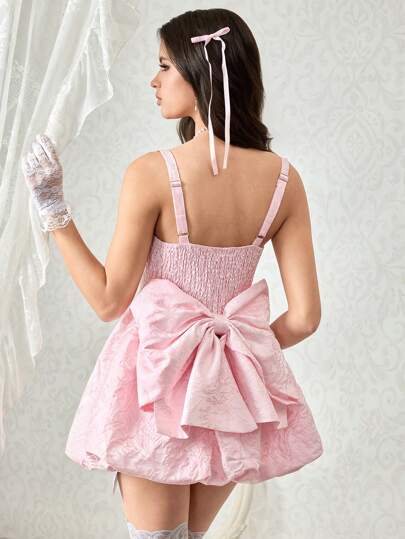 Kawaii Sweet Pink Jacquard Fabric Oversized Bow Decor Women Short Casual Dress For Tea Party Outfit