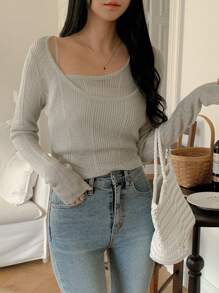 DAZY 2pcs/Set Women Asymmetrical Design Camisole And Sweater, Girlish Look Fall - Light Grey - View 5
