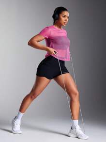 Powerista 纯色网眼透气透视短袖运动T恤健身房女士衬衫 - 玫紅色 - 查看 3