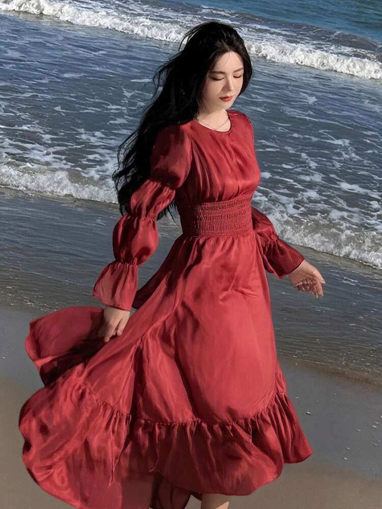 Women's Simple Gathered Puff Sleeve Casual Mid-Length Dress Prom Dress,Ruffle Elegant Women Dresses Maxi Dress