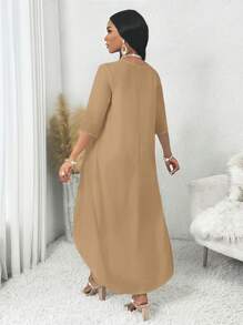 SHEIN Lady Spring And Summer Autumn And Winter Elegant Woven Round Neck Flowy Asymmetrical Midi Three Quarter Length Sleeve Plus Size Top And Pants Set - Khaki - View 2