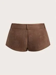 SHEIN EZwear 女士西部装铆钉仿麂皮超短裤（配腰带），音乐节 - 棕色 - 查看 2