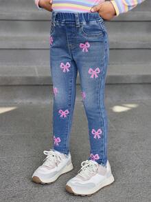 SHEIN 年轻女孩可爱蝴蝶结装饰蓝色牛仔毛绒衬里裤，羊毛加厚服装，女孩秋冬服装 - 中等水洗藍 - 查看 2