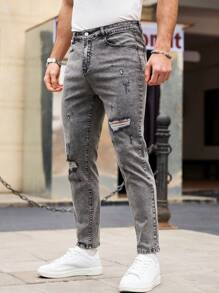 Manfinity Homme Men's Fashion Black & Grey Ripped Jeans - Grey - View 3