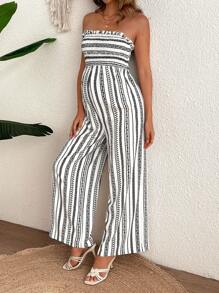 SHEIN 孕妇条纹露肩荷叶边阔腿连体裤 - 黑與白 - 查看 3