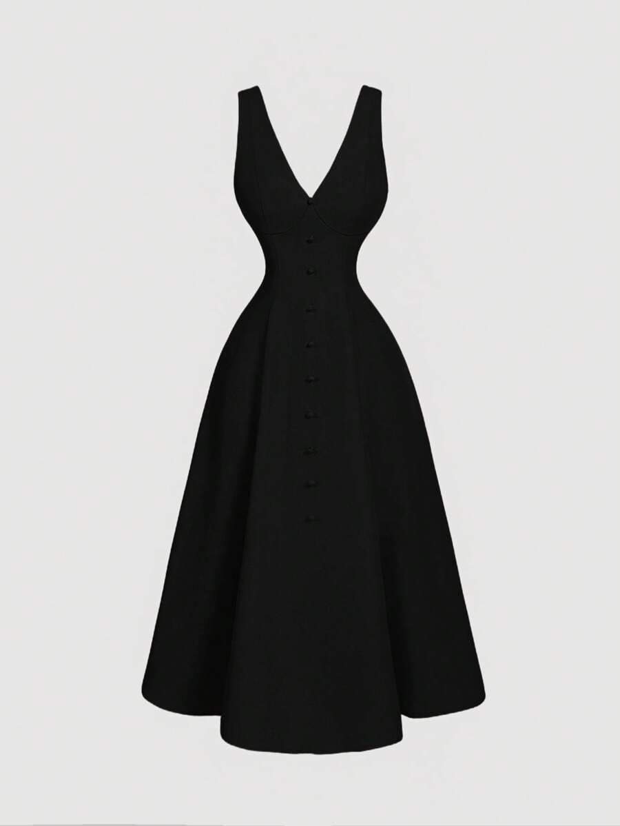 SHEIN MOD 女士亚麻无袖收腰齐膝连衣裙，春夏 - 黑色 - 查看 1