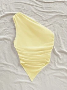 Soleia Blusa asimétrica con hombro descubierto de color amarillo pálido, adecuada para vacaciones de verano - Amarillo - Ver 2