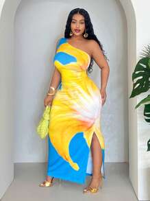 Veslaya Plus Size Slim Fit Long Casual Shoulder Print Vacation Dress, Spring/Summer - Blue - View 3