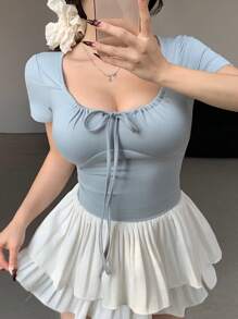 DAZY Short Tie-Front Cropped Design Women's T-Shirt Cute Tops - Blue - View 3