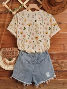 INAWLY Women's Summer Floral Print Round Neck Short Sleeve Casual T-Shirt Graphic Tees Women Tops - Khaki - View 2