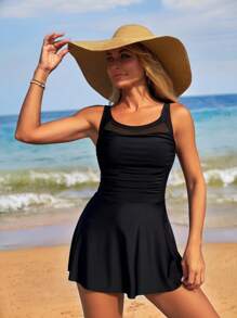 SHEIN Swim Women's Black Tankini Set With Sheer Panel Front And Pleated Waist, Slimming Design, For Summer Beach Vacation - Black - View 1