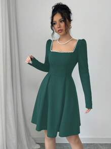 Elenzga 方领泡泡珍珠装饰腰部合身喇叭形优雅浪漫女式连衣裙 - 墨綠色 - 查看 7