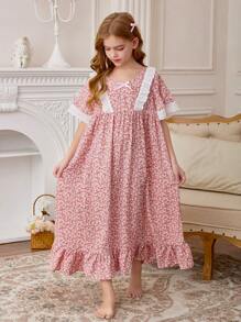 SHEIN Leap Crew 少女简约森系蝴蝶结装饰圆领荷叶边碎花公主睡袍，适合室内外休闲穿着，女孩日常和节日装