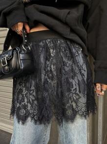 FRIFUL Women Lace Trim Minimalist A-Line Skirt, Casual For Daily Wear Y2k - Black - View 3
