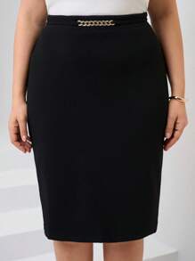 Chikora Plus Chain Detail Straight Skirt,Office Outfits For Women - Black - View 4