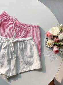 Comfortcana 2 piezas Nuevos shorts de mujer a rayas de lino