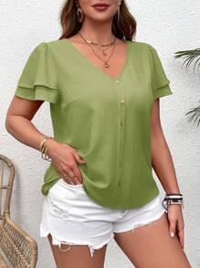 SHEIN Clasi 大码度假荷叶边 V 领短袖衬衫 - 薄荷綠 - 查看 1