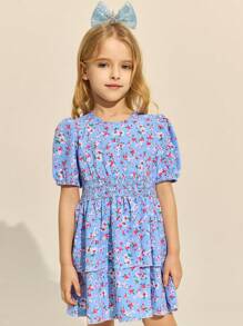 SHEIN Young Girls Light Blue Background White & Pink Floral Green Leaves Print Round Neck Woven Dress, Spring/Summer - Multicolor - View 6